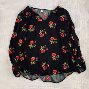 Rose patterned long sleeve black blouse